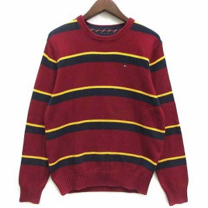 【中古】トミーヒルフィガー TOMMY HILFIGER ボーダー コットン ニット セーター 長袖 ワンポイント レッド 赤 M メンズ