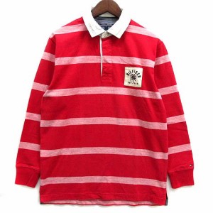 【中古】トミーヒルフィガー TOMMY HILFIGER ボーダー ラグビーシャツ ラガーシャツ ヴィンテージフィット 長袖 レッド 赤 M メンズ