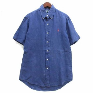 【中古】ラルフローレン RALPH LAUREN リネン ボタンダウン シャツ 半袖 カスタムフィット ワンポイント ネイビー 紺 S メンズ