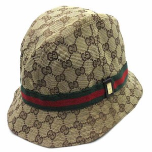 【中古】グッチ GUCCI GGキャンバス シェリーライン バケット ハット 帽子 ロゴ プレート ベージュ L ☆AA★ レディース