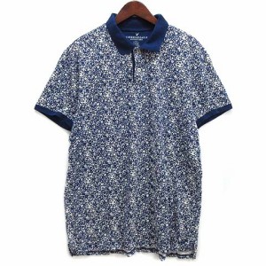 【中古】アメリカンイーグル AMERICAN EAGLE 小花柄 ポロシャツ 半袖 スリムフィット ブルー 青 XL メンズ