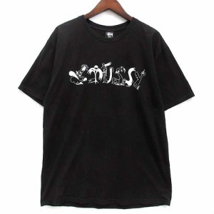 【中古】ステューシー STUSSY クルーネック ロゴ Tシャツ カットソー 半袖 ブラック 黒 L メンズ