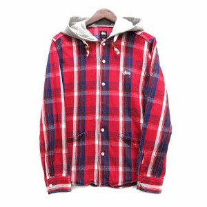 【中古】ステューシー STUSSY フード付き チェック ヘビーネルシャツ パーカー レッド ブルー 赤 青 S メンズ