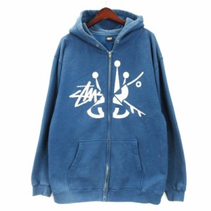 【中古】ステューシー STUSSY パーカー 裏起毛 ジップアップ フロッキー ブルー L ☆AA★ メンズ