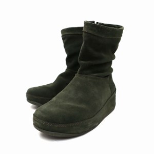 【中古】フィットフロップ fitflop ZIP UP CRUSH BOOT (SUEDE) スエード 厚底 ブーツ カーキグリーン 25cm レディース