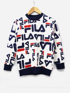 【中古】フィラ FILA 総柄 ロゴプリント 長袖 裏毛 コットン スウェット トレーナー 140 ホワイト ネイビー レッド