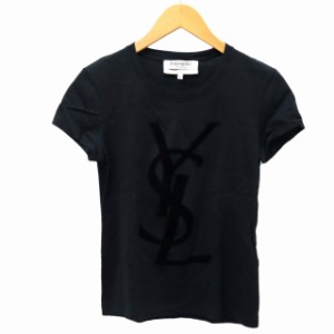 【中古】イヴサンローランリヴゴーシュ イタリア製 YSL フロッキーロゴプリント 半袖 Tシャツ カットソー XS ブラック