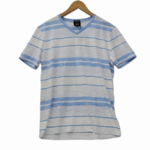 【中古】ヒューゴボス HUGO BOSS Vネック 半袖 ボーダー 総柄 カットソー Tシャツ M サックスブルー 