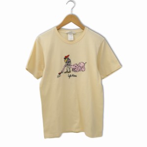 【中古】LEFT ALONE レフトアローン ロゴ刺繍 半袖 クルーネック コットン Tシャツ M BEIGE ベージュ メンズ