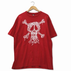 【中古】ステューシー STUSSY クロスボーン ラウンドネック 半袖 プリント TEE Tシャツ RED XL メンズ