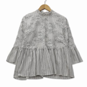 【中古】ザラウーマン ZARA WOMAN フリルネック 7分袖 リーフレース ストライプ シャツ ブラウス M ホワイト 