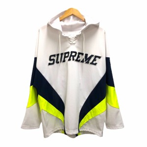 【中古】シュプリーム SUPREME 17AW パーカ フーディー メッシュ ロゴ ワッペン 長袖 L ホワイト ネイビー イエロー ☆AA★ メンズ