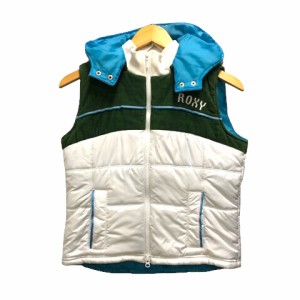 【中古】ロキシー ROXY ダウンベスト フード コーデュロイ ワンポイント ロゴ M 白 ホワイト 緑 グリーン 青 ブルー ※MZ レディース