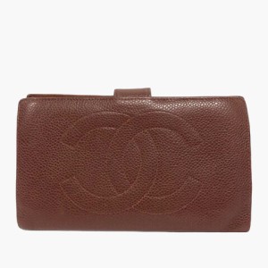 【中古】シャネル CHANEL 105c18 キャビアスキン ウォレット 長財布 二つ折り ロゴ がま口 4番台 茶 ブラウン ※MZ メンズ レディース