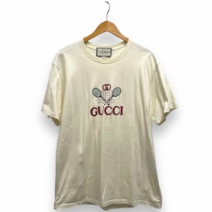 【中古】グッチ GUCCI 20SS Tシャツ 半袖 テニス刺繍 ロゴ L ベーシュ クリーム メンズ