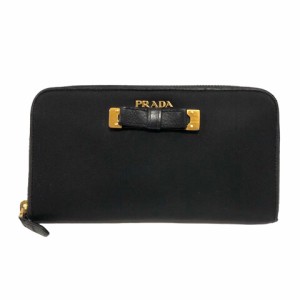 【中古】プラダ PRADA 長財布 ウォレット ナイロン レザー ラウンドファスナー リボン ワンポイントロゴ 黒 ブラック レディース