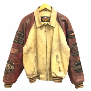 【中古】ハーレーダビッドソン HARLEY DAVIDSON ヴィンテージ レザージャケット 革ジャン ひび割れ 加工  L ベージュ ボルドー メンズ