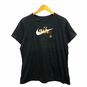【中古】ナイキ NIKE Tシャツ クルーネック コットン プリント ロゴ 半袖 XL 黒 ブラック レディース