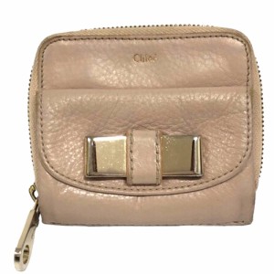 【中古】クロエ CHLOE 財布 二つ折り レザー リリィリボン ワンポイント ロゴ刻印 ライトベージュ シルバー レディース