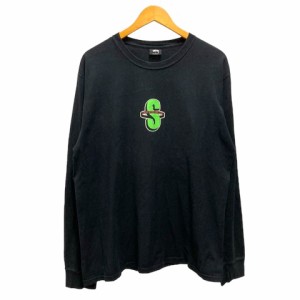 【中古】ステューシー STUSSY Tシャツ ロンT クルーネック コットン ロゴプリント バックプリント 長袖 L 黒 ブラック メンズ