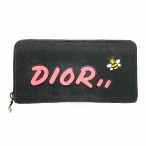 【中古】ディオール Dior カウズ KAWS 長財布 ラウンドファスナー ロゴ プリント 黒 ブラック ピンク メンズ