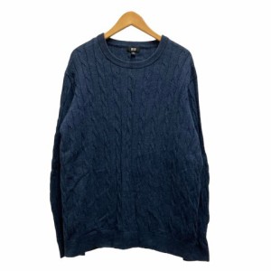 【中古】ユニクロ UNIQLO ニット セーター クルーネック ケーブル編み コットン混 カシミヤ混 無地 長袖 XL 紺 ネイビー メンズ