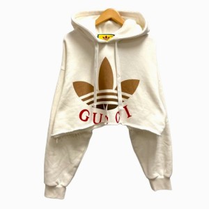 【中古】未使用品 GUCCI ×adidas クロップド スウェットシャツ パーカー 688197 ロゴ M ホワイト マルチカラー レディース