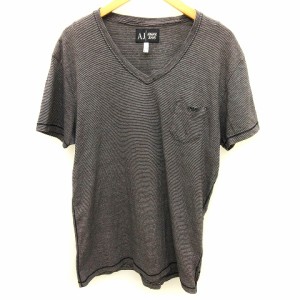 【中古】アルマーニ ジーンズ ARMANI JEANS Tシャツ カットソー 半袖 ボーダー Vネック ロゴ コットン ネイビー 紺 L