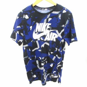 【中古】ナイキ AIR Tシャツ 半袖 総柄 ロゴ プリント コットン 青 ブルー 黒 グレー マルチカラー L トップス