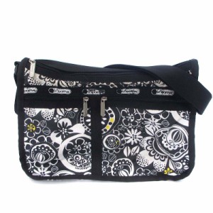 【中古】レスポートサック LesportSAC ショルダーバッグ 花柄 総柄 ナイロン ブラック ホワイト 白 黒 鞄 ■GY11