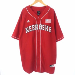 【中古】アディダス adidas NEBRASKA ネブラスカ大学 ベースボールシャツ 半袖 ロゴ 刺繍 星条旗 赤 2XL 大きいサイズ