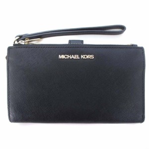 【中古】マイケルコース MICHAEL KORS 二つ折り 長財布 ウォレット ロゴ ストラップ レザー ブラック 黒 レディース