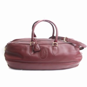 【中古】カルティエ Cartier マストライン 2WAY ボストンバッグ ショルダー 旅行かばん ロゴ レザー 赤紫 ボルドー 鞄