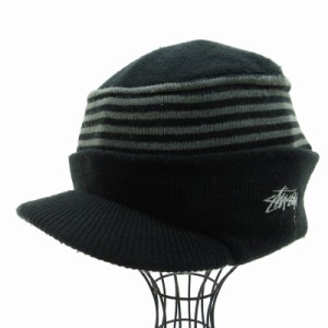 【中古】ステューシー STUSSY 帽子 ニット帽 キャップ ボーダー ロゴ アクリル 黒 ブラック F フリーサイズ メンズ