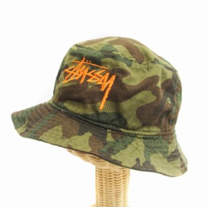 【中古】ステューシー STUSSY バケットハット 帽子 迷彩 カモフラ ロゴ 刺繍 コットン カーキ L/XL レディース