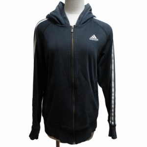 【中古】アディダス adidas パーカー フーディー ジップアップ コットン ロゴ刺? 紺 ネイビー L ■GY01 レディース