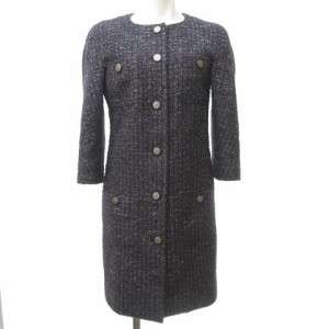 【中古】シャネル CHANEL 美品 14AW ラメ ツイード ノーカラーコート ジャケット ココマーク 紺 紫 ネイビー パープル 34 約