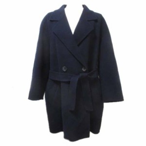 【中古】アクアスキュータム AQUASCUTUM ウールコート ベルト付き ダブルカラー 紺 ネイビー 9 ミドル丈 X 0322 レディース