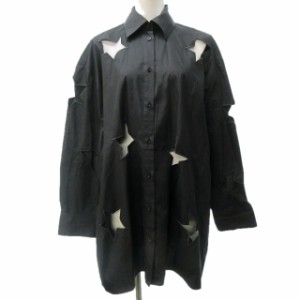 【中古】MSGM 美品 ロングシャツ チュニック 星柄 刺繍 カットワーク デザイン オーバーサイズ 長袖 黒 36 約XS AL12
