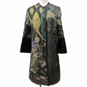 【中古】エトロ ETRO 美品 ノーカラーコート ジャケット 花柄 ウール 切替 総柄 袖ベロア ロング 灰 緑 紫 系 44