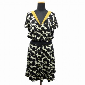 【中古】ツモリチサト TSUMORI CHISATO 総柄 プリント ニット ワンピース ねこ 動物 Vネック 2 黒 レディース ♪２ 