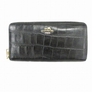 【中古】コーチ COACH クロコダイル調 エンボスレザー 長財布 ラウンド ファスナー ロゴ 52424 黒 レディース ♪11 