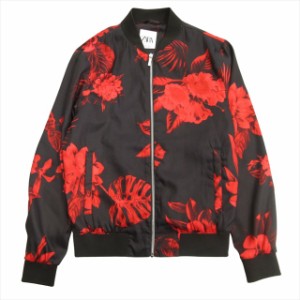 【中古】美品 ザラ ZARA フラワープリント ライト ブルゾン ジャケット 花柄 S 黒 ブラック 赤 レッド メンズ 