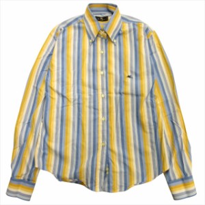 【中古】エトロ ETRO ストライプ × チェック ドレス シャツ カットソー ボタンダウン ロゴ 刺繍 42 青 ブルー 黄 