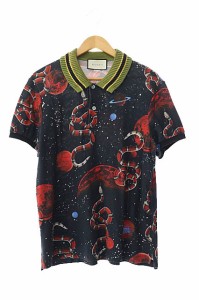 【中古】グッチ GUCCI 17SS スネーク 蛇 プリント 半袖 ポロシャツ 474642-X5T46 L 黒 ブラック ☆AA★ 240517 メンズ