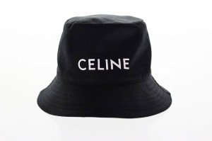 【中古】セリーヌ CELINE ロゴプリント コットン バケットハット BLACK／M【ブランド古着ベクトル】240224☆AA★