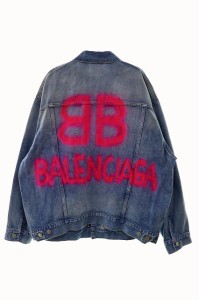 【中古】バレンシアガ BALENCIAGA 21AW BB ロゴ スプレー ペイント ビッグ デニム トラッカー ジャケットXS 　240308☆AA★