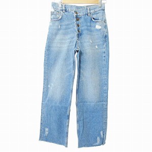 【中古】ザラ ZARA 美品 デニムパンツ ジーンズ ジーパン ダメージ加工 リペア加工 カットオフ インディゴ 32 0321 レディース