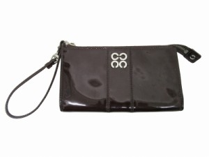 【中古】コーチ COACH ストラップ付 長財布 エナメル パテント スモールバッグ ハンド 茶色 ブラウン ■GY14