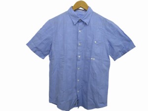 【中古】パパス Papas 近年モデル チェック シャツ ワイシャツ ロゴボタン ボタンダウン スペアボタン 半袖 水色 46 S